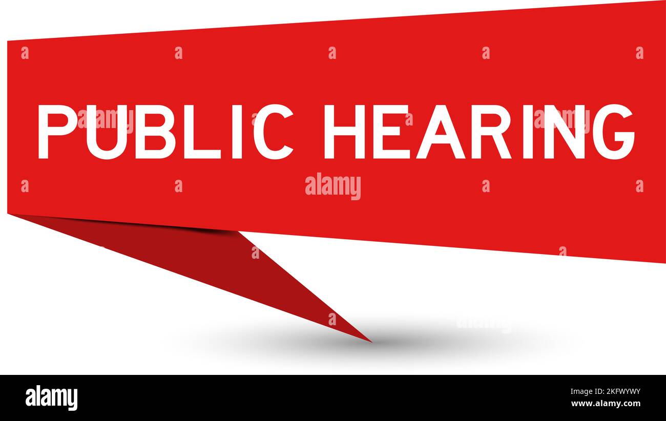 Red color speech banner with word public hearing on white background Stock Vector