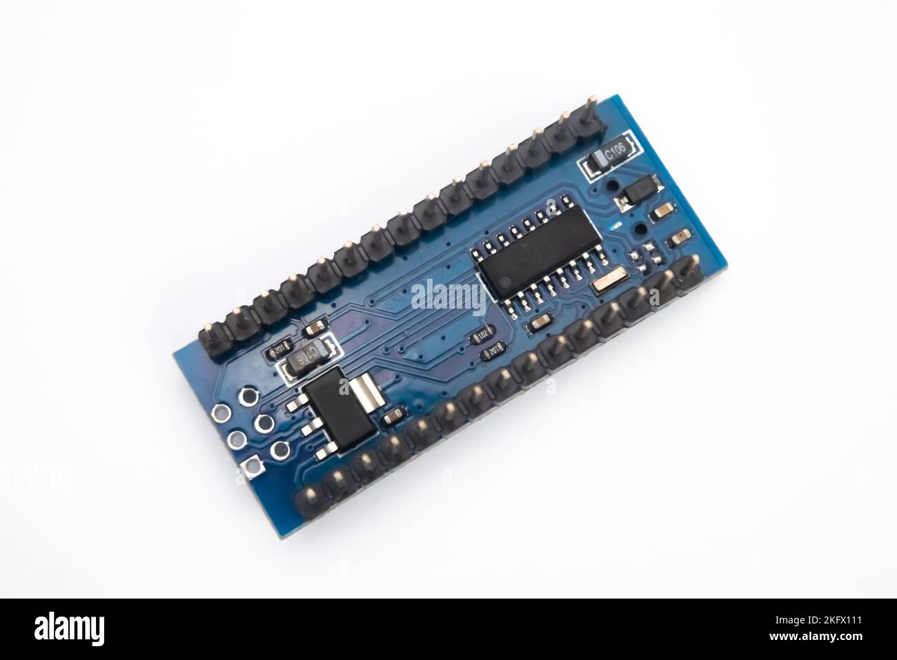 Bottom view of a developing board microcontroller module. This part is used for hobbyists to DIY electronic materials. Stock Photo