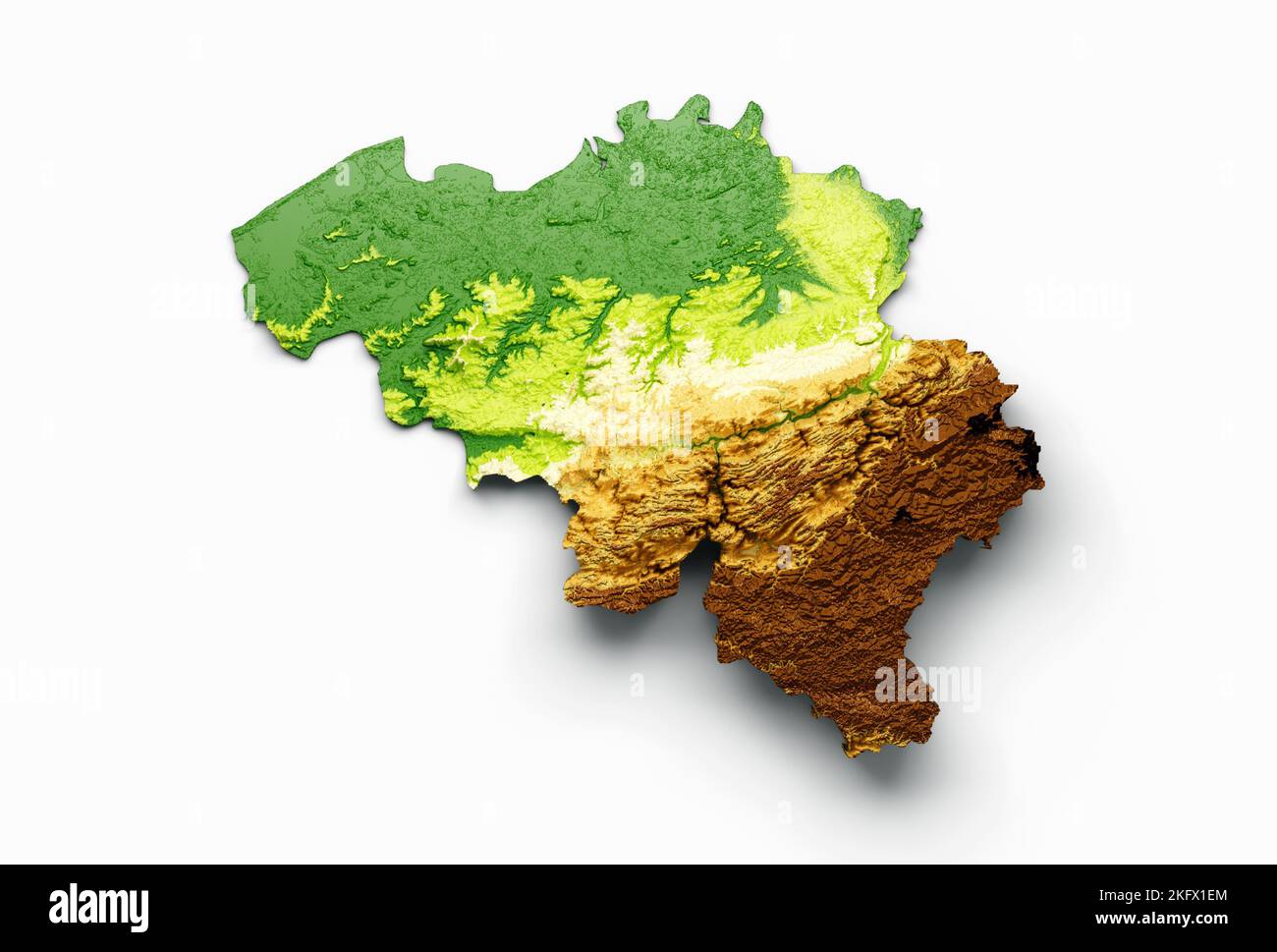 A 3d illustration of Belgium map with shaded relief on white background ...