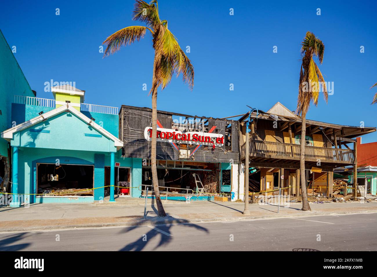 Fort Myers Beach, FL, USA - November 19, 2022: Souvenir shops out of business destroyed by Hurricane Ian Stock Photo