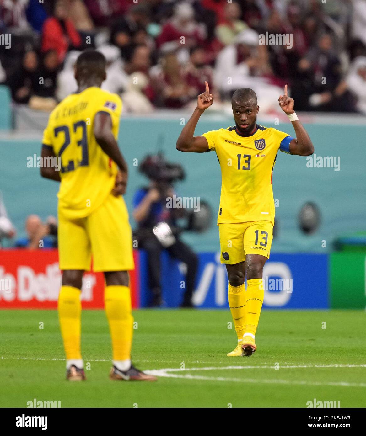 Ecuador's Enner Valencia celebrates scoring the opening goal during the FIFA World Cup Group A match at the Al Bayt Stadium, Al Khor. Picture date: Sunday November 20, 2022. Stock Photo