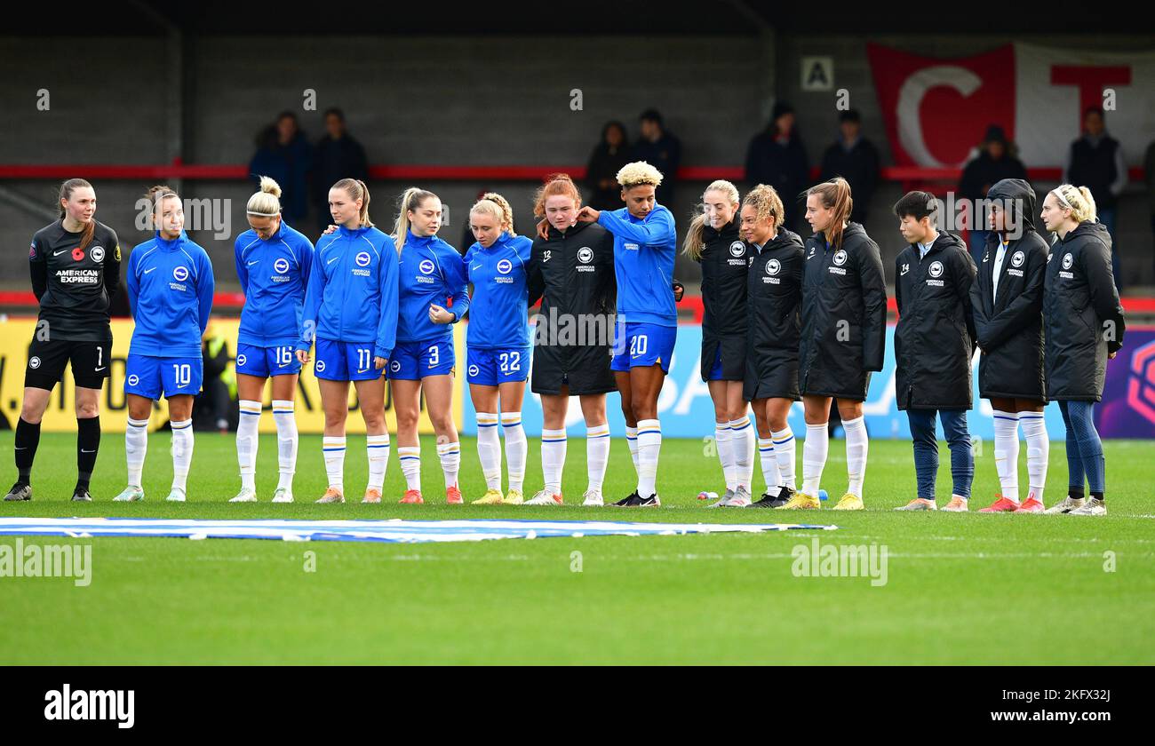 Crawley, UK. 20th Nov, 2022. Brighton players line up for the last post before the FA Women's Super League match between Brighton & Hove Albion Women and Liverpool Women at The People's Pension Stadium on November 20th 2022 in Crawley, United Kingdom. (Photo by Jeff Mood/phcimages.com) Credit: PHC Images/Alamy Live News Stock Photo