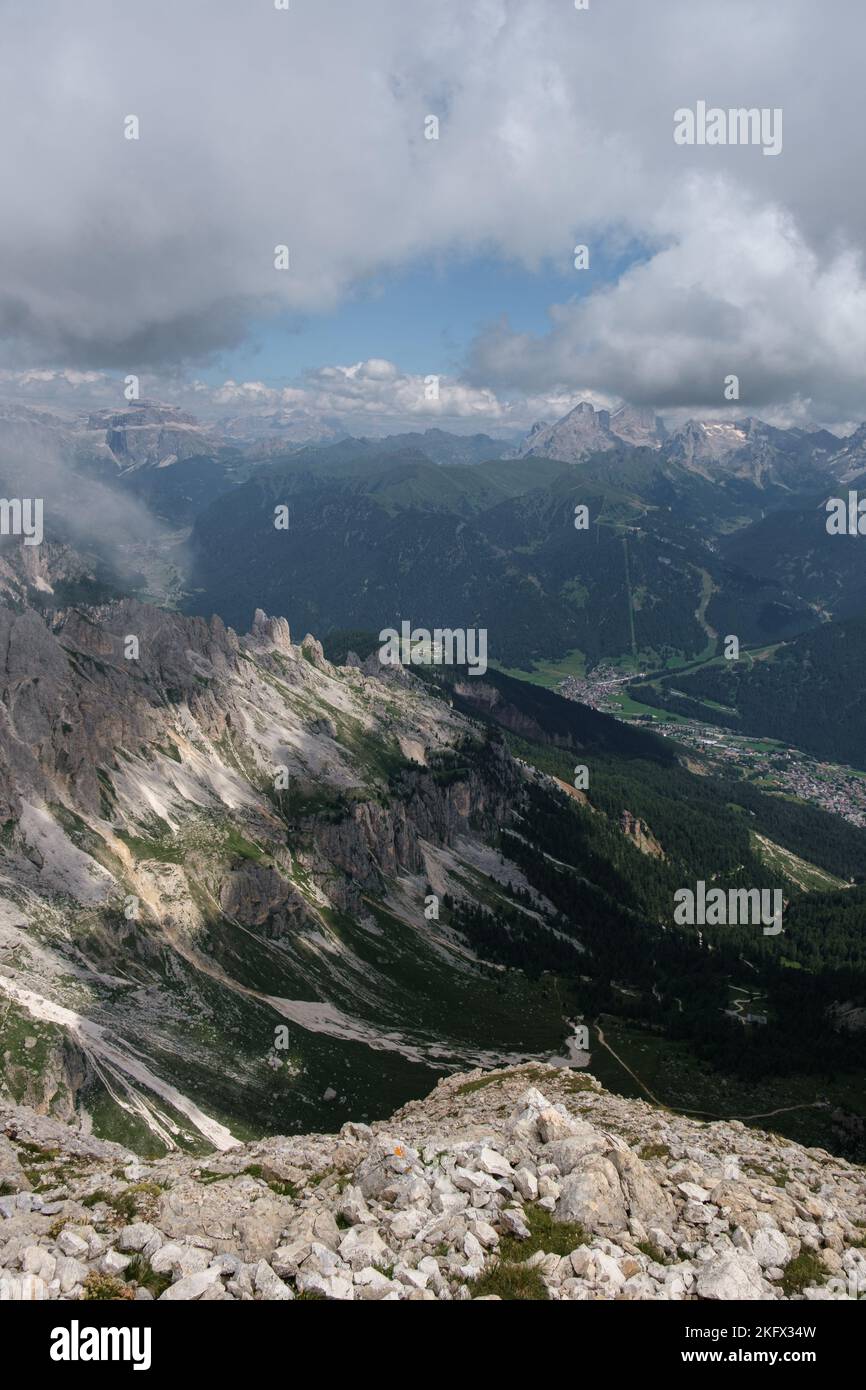 View from the mountain Rotwand summit in Italy to the Sella group in the background. Stock Photo