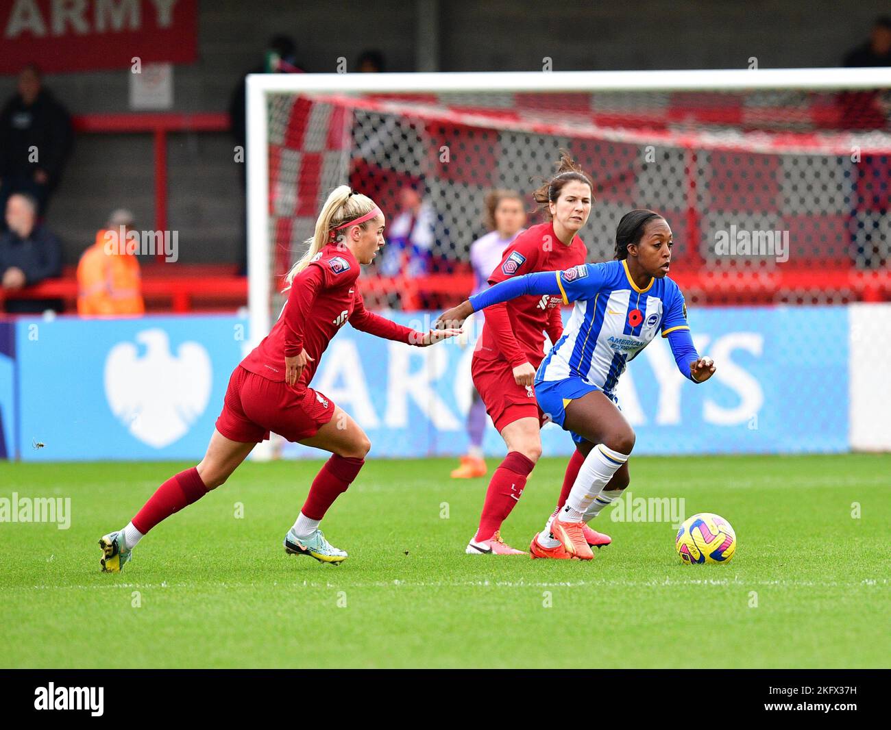 Crawley, UK. 20th Nov, 2022. Danielle Carter of Brighton and Hove Albion controls the ball under pressure from Missy Bo Kearns of Liverpool during the FA Women's Super League match between Brighton & Hove Albion Women and Liverpool Women at The People's Pension Stadium on November 20th 2022 in Crawley, United Kingdom. (Photo by Jeff Mood/phcimages.com) Credit: PHC Images/Alamy Live News Stock Photo