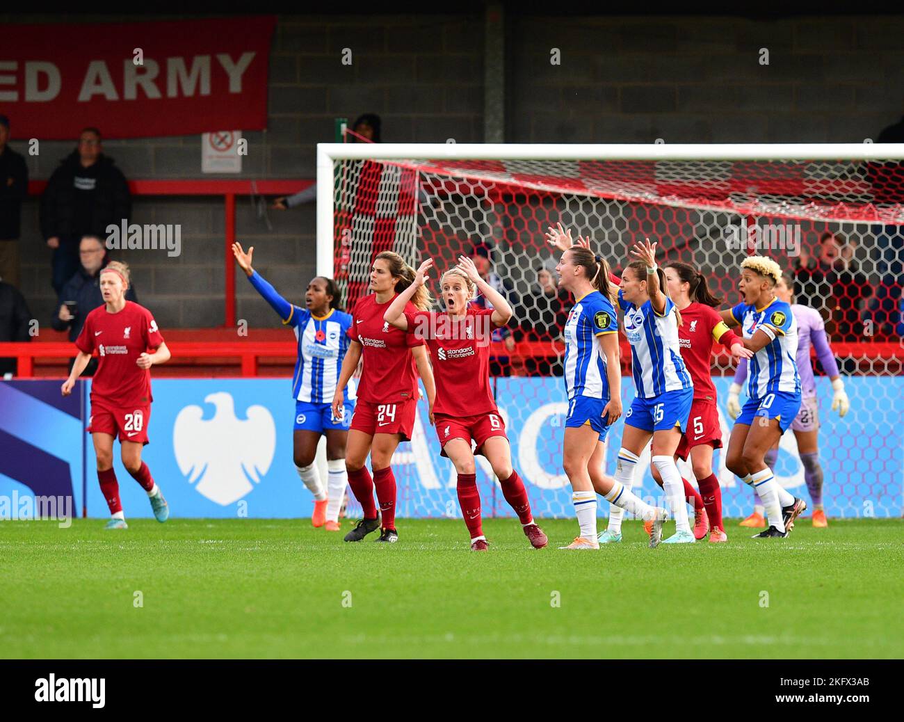 Crawley, UK. 20th Nov, 2022. Brighton players appeal for a penalty during the FA Women's Super League match between Brighton & Hove Albion Women and Liverpool Women at The People's Pension Stadium on November 20th 2022 in Crawley, United Kingdom. (Photo by Jeff Mood/phcimages.com) Credit: PHC Images/Alamy Live News Stock Photo