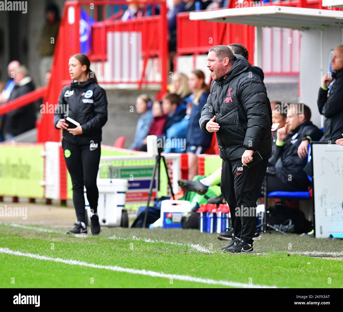 Crawley, UK. 20th Nov, 2022. Matt Beard Manager of Liverpool shows his frustration during the FA Women's Super League match between Brighton & Hove Albion Women and Liverpool Women at The People's Pension Stadium on November 20th 2022 in Crawley, United Kingdom. (Photo by Jeff Mood/phcimages.com) Credit: PHC Images/Alamy Live News Stock Photo