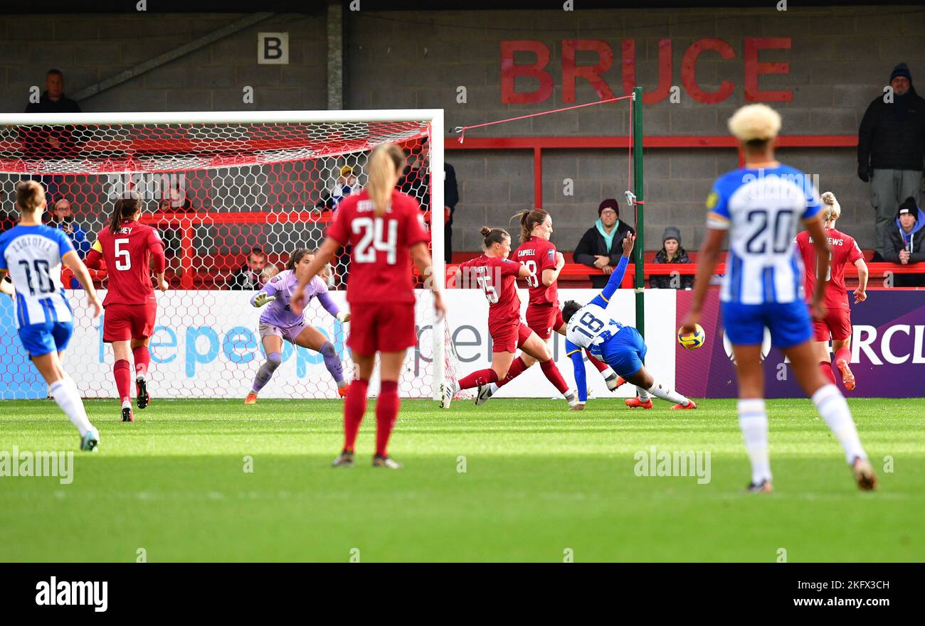 Crawley, UK. 20th Nov, 2022. Danielle Carter of Brighton and Hove Albion goes to ground in the bax during the FA Women's Super League match between Brighton & Hove Albion Women and Liverpool Women at The People's Pension Stadium on November 20th 2022 in Crawley, United Kingdom. (Photo by Jeff Mood/phcimages.com) Credit: PHC Images/Alamy Live News Stock Photo