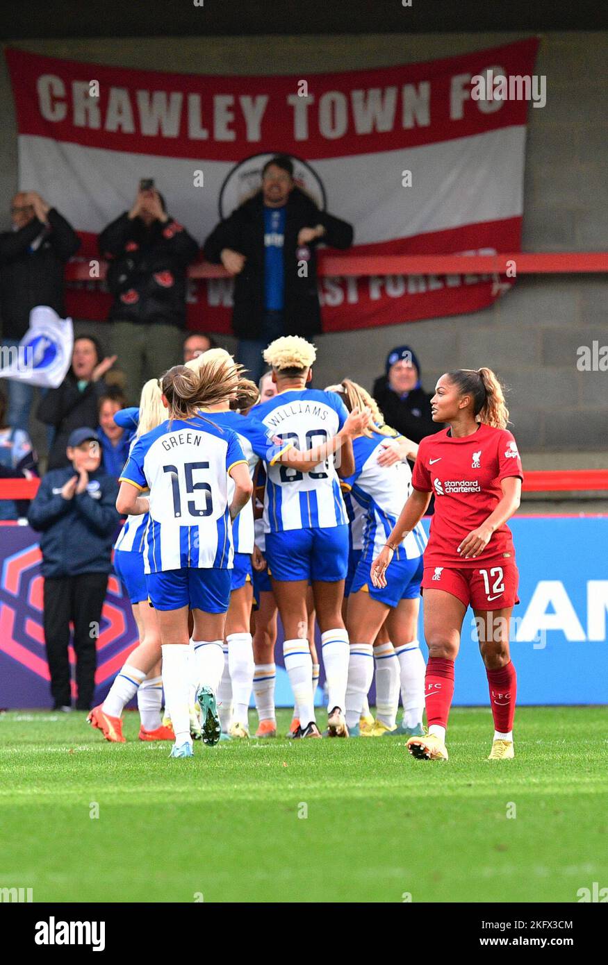 Crawley, UK. 20th Nov, 2022. Brighton players celebrate their goal during the FA Women's Super League match between Brighton & Hove Albion Women and Liverpool Women at The People's Pension Stadium on November 20th 2022 in Crawley, United Kingdom. (Photo by Jeff Mood/phcimages.com) Credit: PHC Images/Alamy Live News Stock Photo