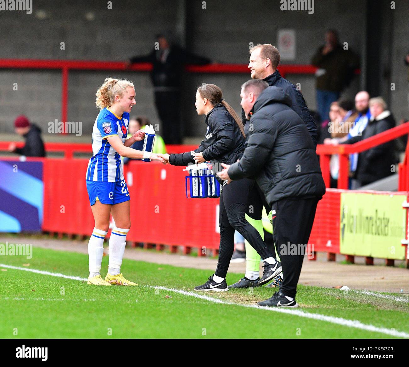 Crawley, UK. 20th Nov, 2022. Amy Merricks acting head coach of Brighton and Hove albion congratulates Katie Robinson of Brighton and Hove Albion after her goal during the FA Women's Super League match between Brighton & Hove Albion Women and Liverpool Women at The People's Pension Stadium on November 20th 2022 in Crawley, United Kingdom. (Photo by Jeff Mood/phcimages.com) Credit: PHC Images/Alamy Live News Stock Photo