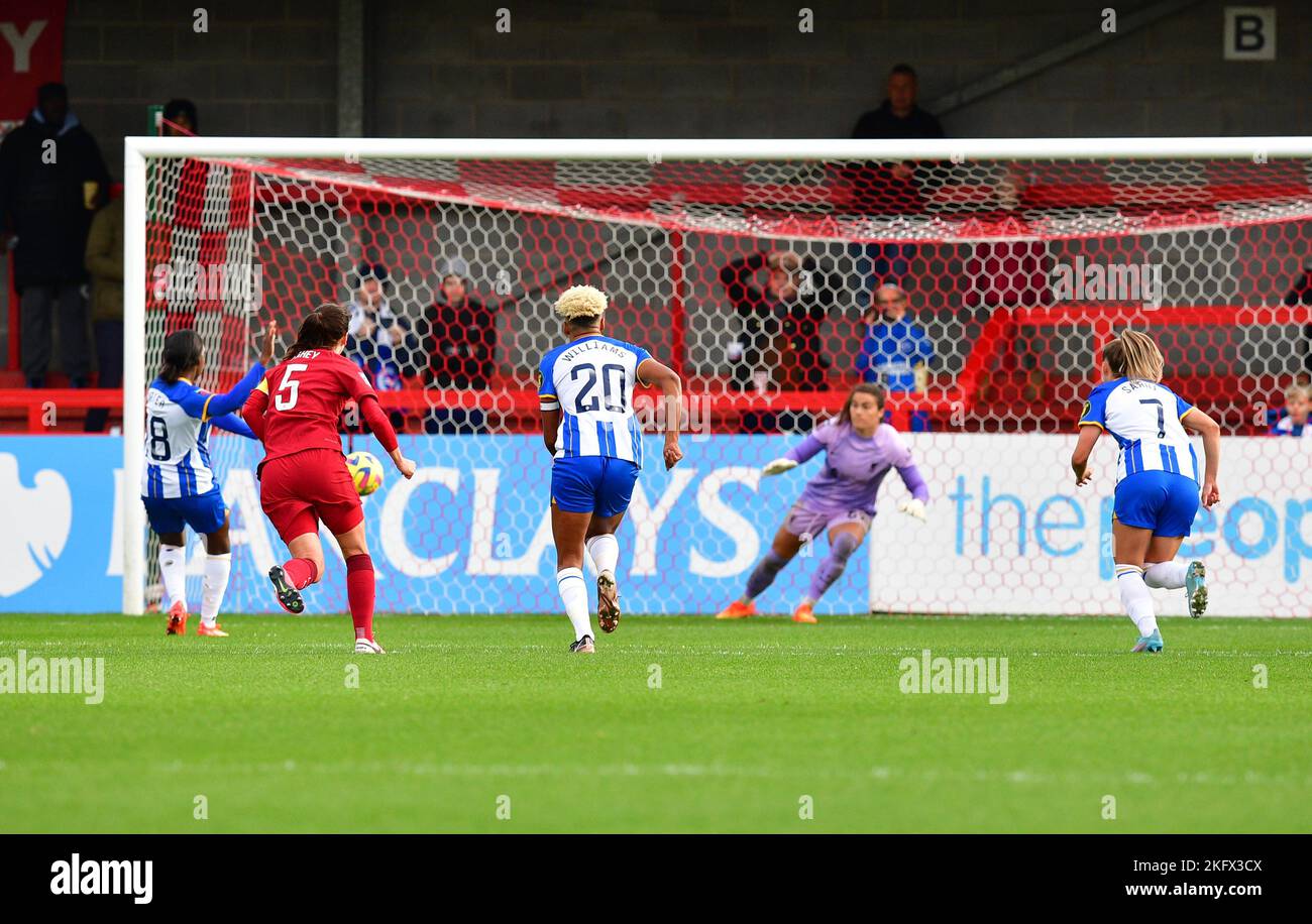 Crawley, UK. 20th Nov, 2022. Danielle Carter of Brighton and Hove Albion shoots and scores from the penalty spot during the FA Women's Super League match between Brighton & Hove Albion Women and Liverpool Women at The People's Pension Stadium on November 20th 2022 in Crawley, United Kingdom. (Photo by Jeff Mood/phcimages.com) Credit: PHC Images/Alamy Live News Stock Photo