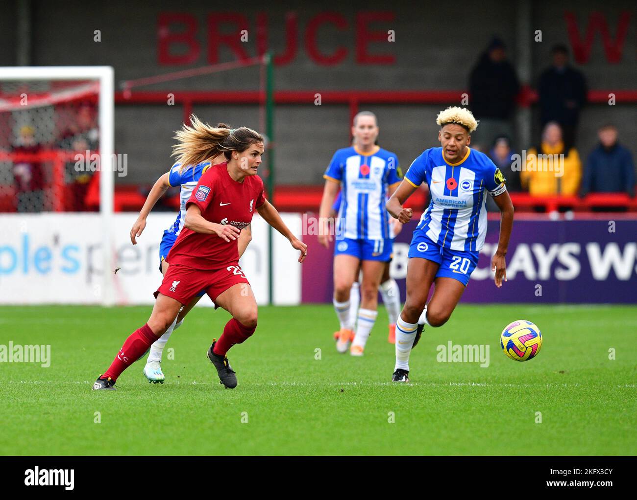 Crawley, UK. 20th Nov, 2022. Victoria Williams of Brighton and Hove Albion chases down Katie Stengel of Liverpool during the FA Women's Super League match between Brighton & Hove Albion Women and Liverpool Women at The People's Pension Stadium on November 20th 2022 in Crawley, United Kingdom. (Photo by Jeff Mood/phcimages.com) Credit: PHC Images/Alamy Live News Stock Photo