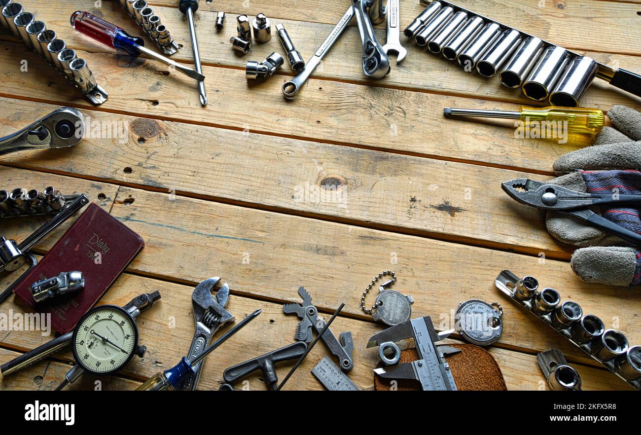 Vintage Hand Tools on 2x4 Work Bench Stock Photo