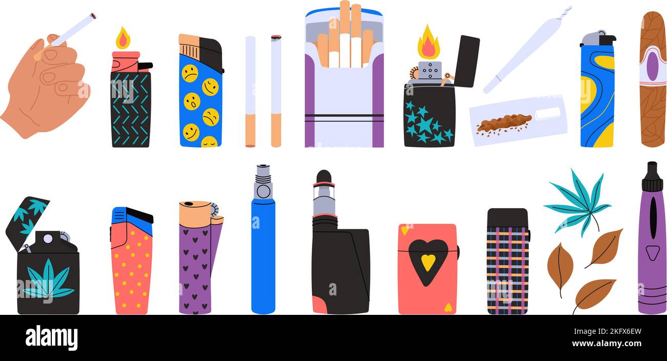 Cigarettes and lighters isolated elements. Vape and cigar, ecigarette