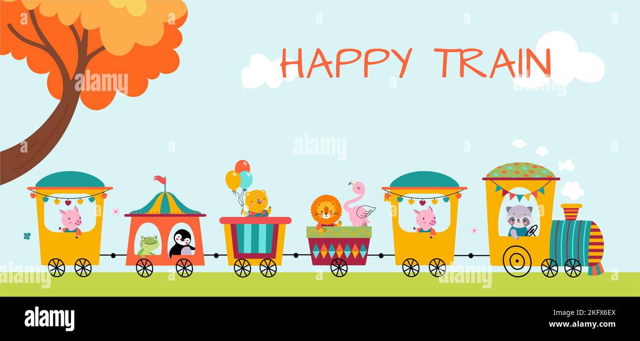 Happy cartoon animals ride on train. Transportation scene, cute raccoon, pig and lion. Friends zoo, birthday or children party vector banner Stock Vector