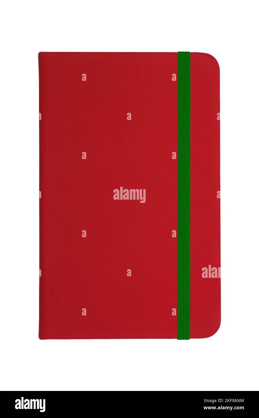 Red notebook with green elastic band Stock Photo