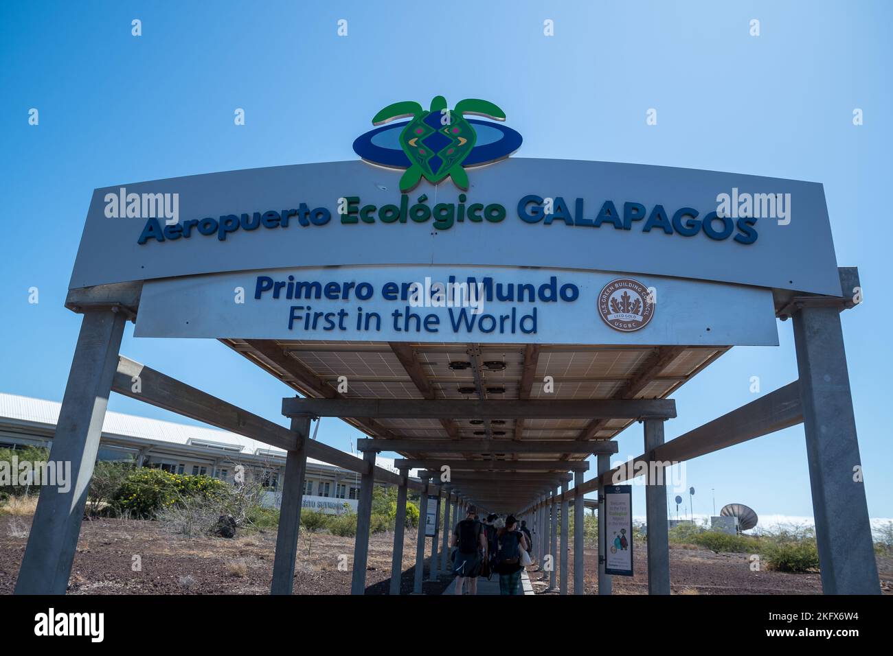 Airport welcome sign, First ecological airport, Seymour Airport, Baltra Island, Galapagos Islands Stock Photo