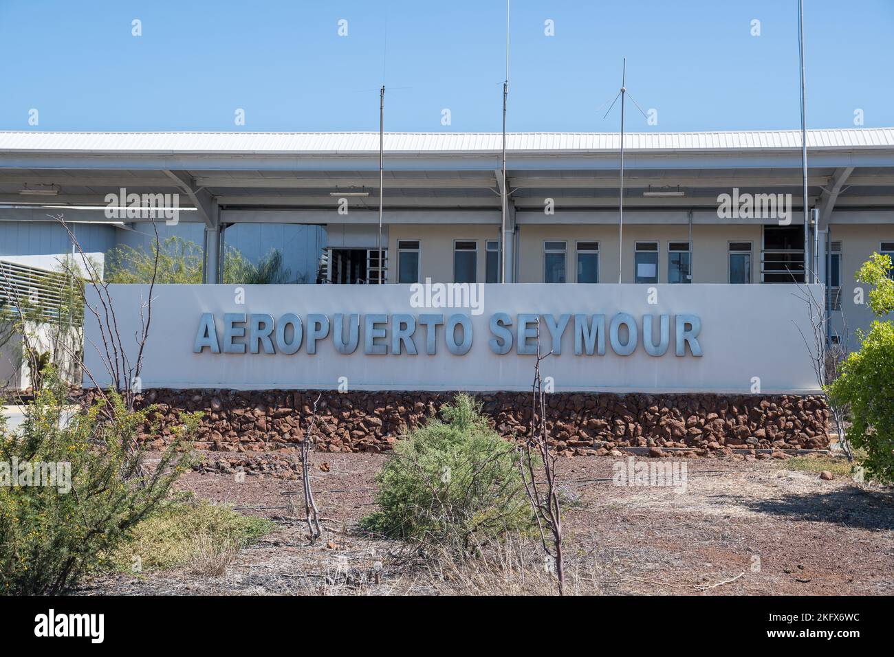 Airport sign, Seymour Airport, Baltra Island, Galapagos Islands Stock Photo