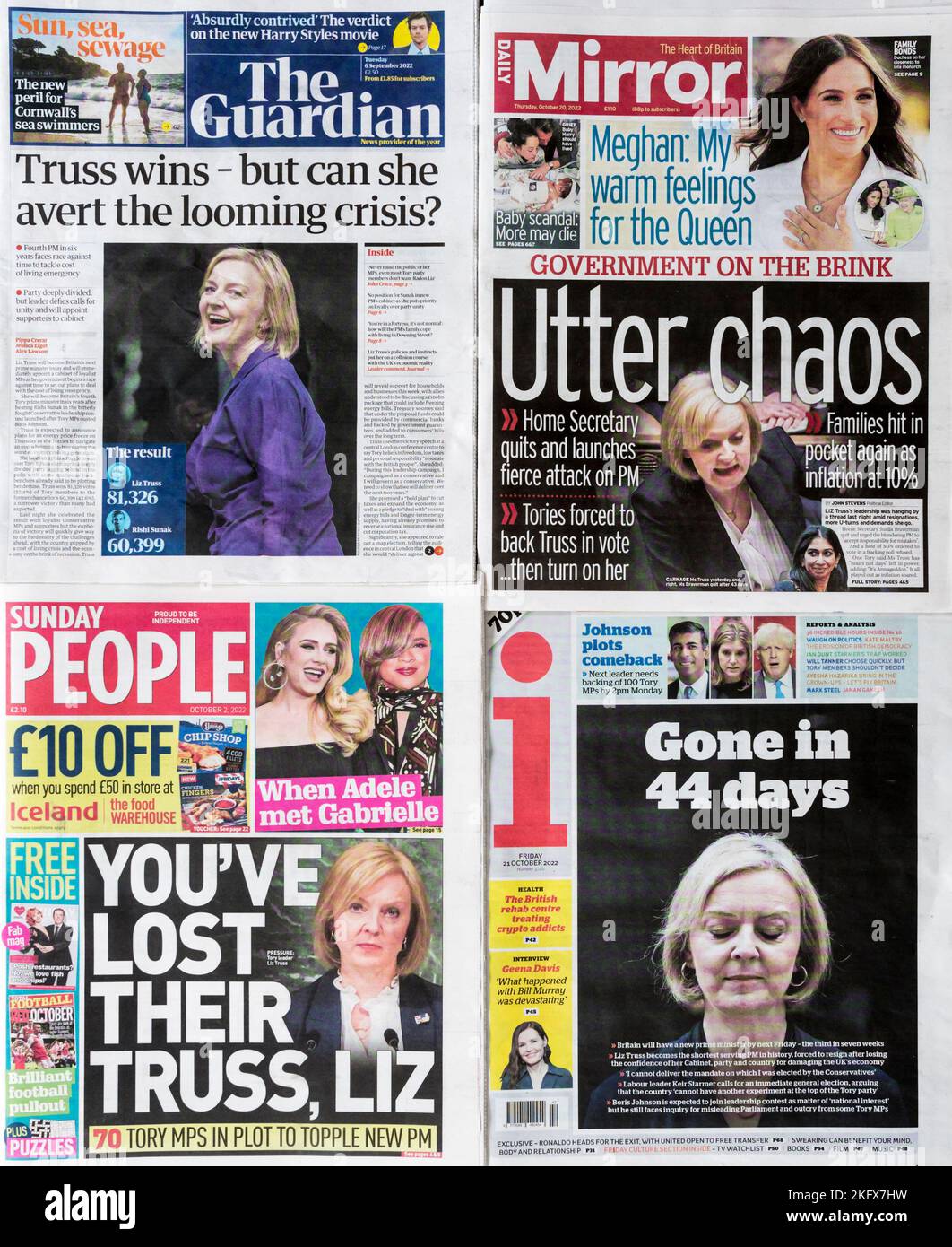 Downfall of Liz Truss as shortest serving British Prime Minister in history recorded in UK newspaper headlines from 6 September to 21 October 2022. Stock Photo