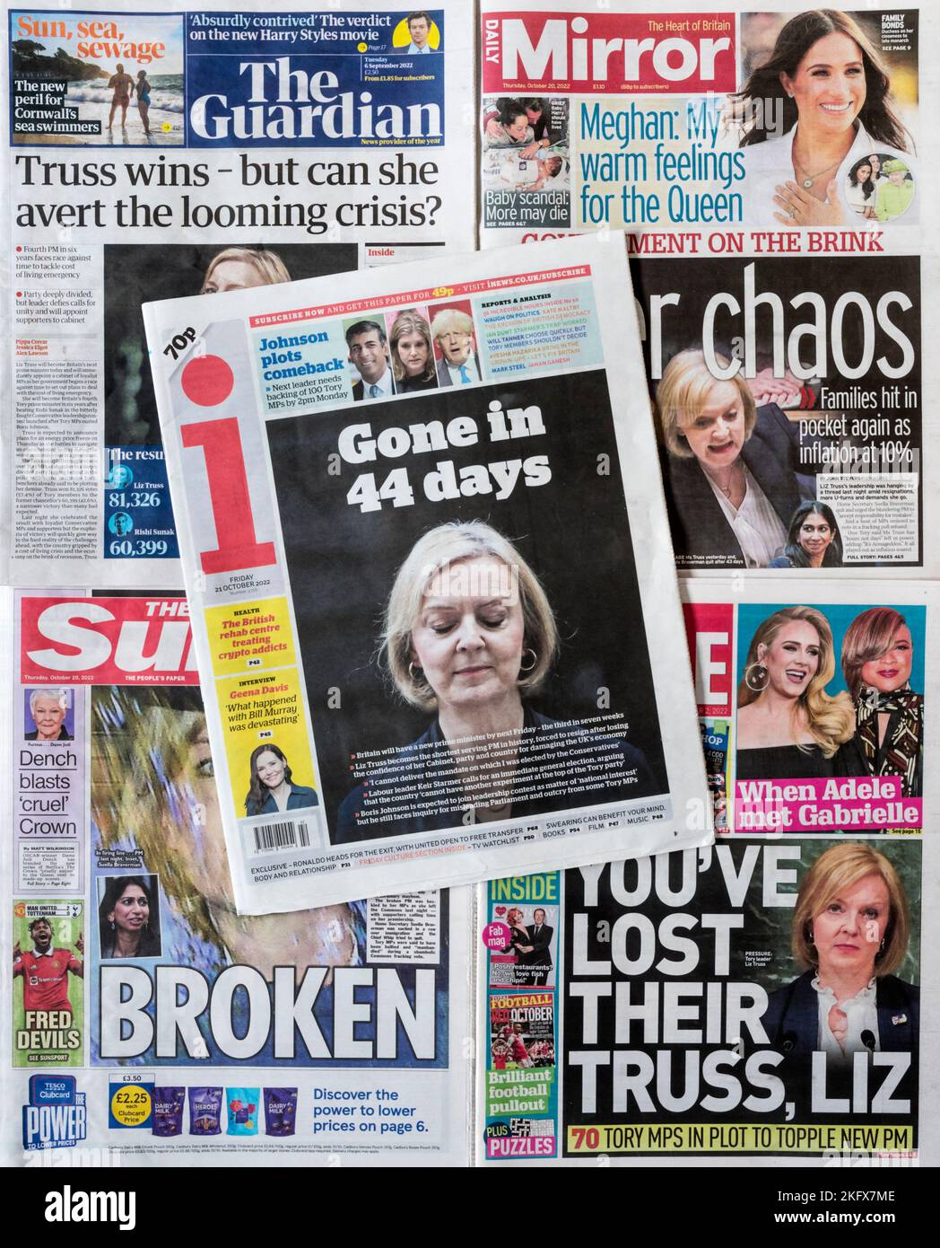 Downfall of Liz Truss as shortest serving British Prime Minister in history recorded in UK newspaper headlines from 6 September to 21 October 2022. Stock Photo