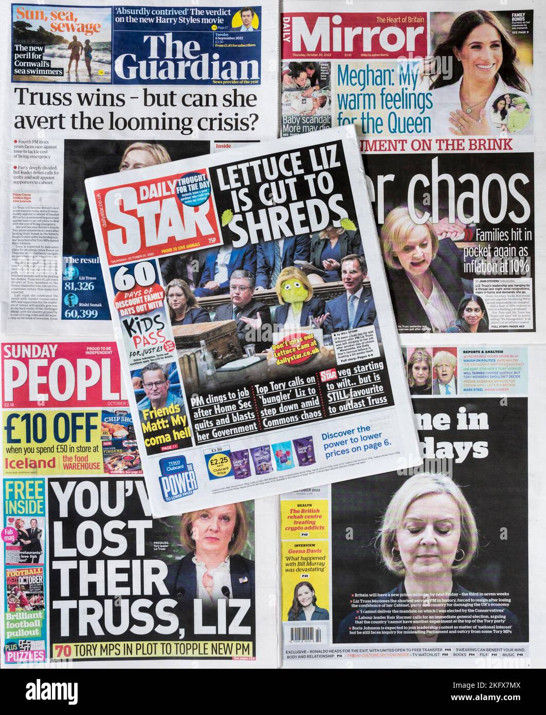 Downfall of Liz Truss as shortest serving British Prime Minister in history recorded in UK newspaper headlines from 6 September to 21 October 2022. Stock Photo