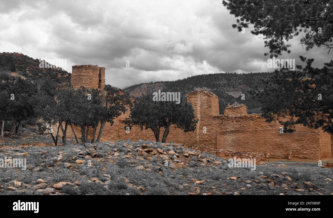 Ruins of of the San José de los Jémez Mission, built in 1621, in the Jemez River Valley of New Mexico. Stock Photo