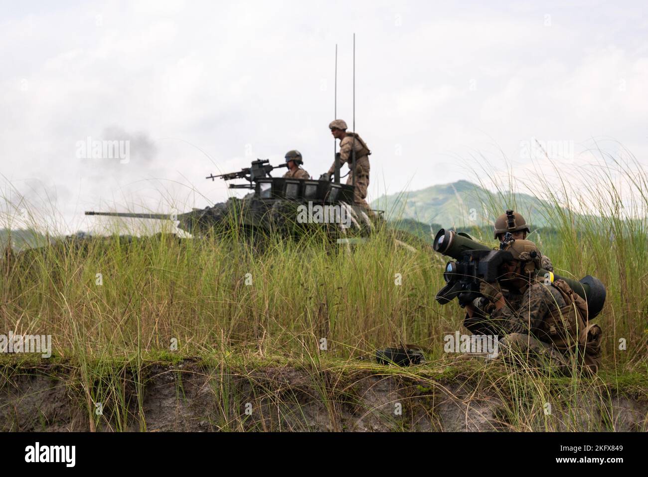 U.S. Marines with Battalion Landing Team 2d Battalion, 5th Marines, 31st Marine Expeditionary Unit, fire a Javelin shoulder-fired anti-tank missile in a combined arms live-fire event during KAMANDAG 6 at Colonel Ernesto Rabina Air Base, Philippines, Oct. 13, 2022. KAMANDAG is an annual bilateral exercise between the Armed Forces of the Philippines and U.S. military designed to strengthen interoperability, capabilities, trust, and cooperation built over decades of shared experiences. Stock Photo