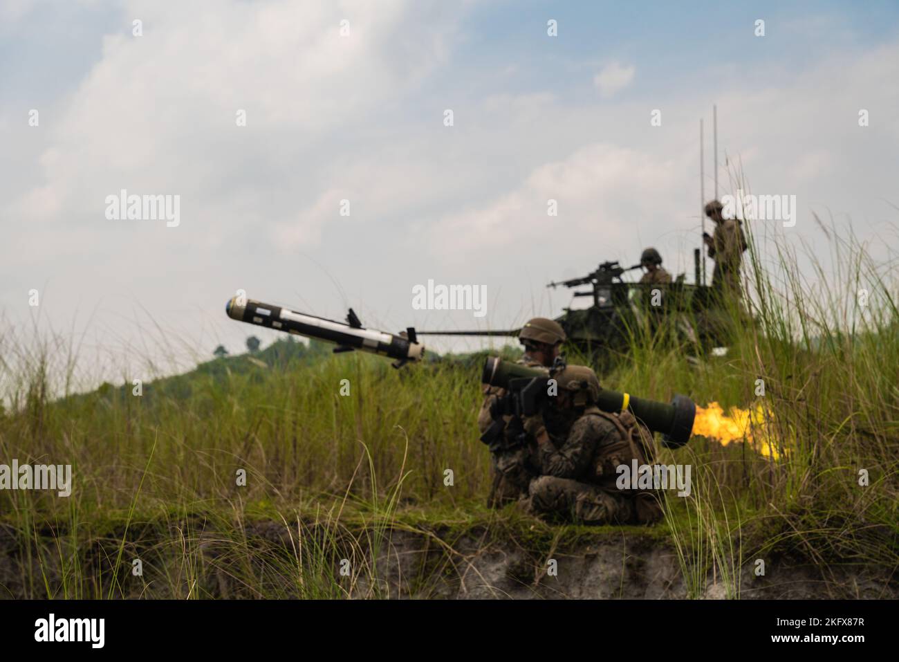 U.S. Marines with Battalion Landing Team 2d Battalion, 5th Marines, 31st Marine Expeditionary Unit, fire a Javelin shoulder-fired anti-tank missile in a combined arms live-fire event during KAMANDAG 6 at Colonel Ernesto Rabina Air Base, Philippines, Oct. 13, 2022. KAMANDAG is an annual bilateral exercise between the Armed Forces of the Philippines and U.S. military designed to strengthen interoperability, capabilities, trust, and cooperation built over decades of shared experiences. Stock Photo