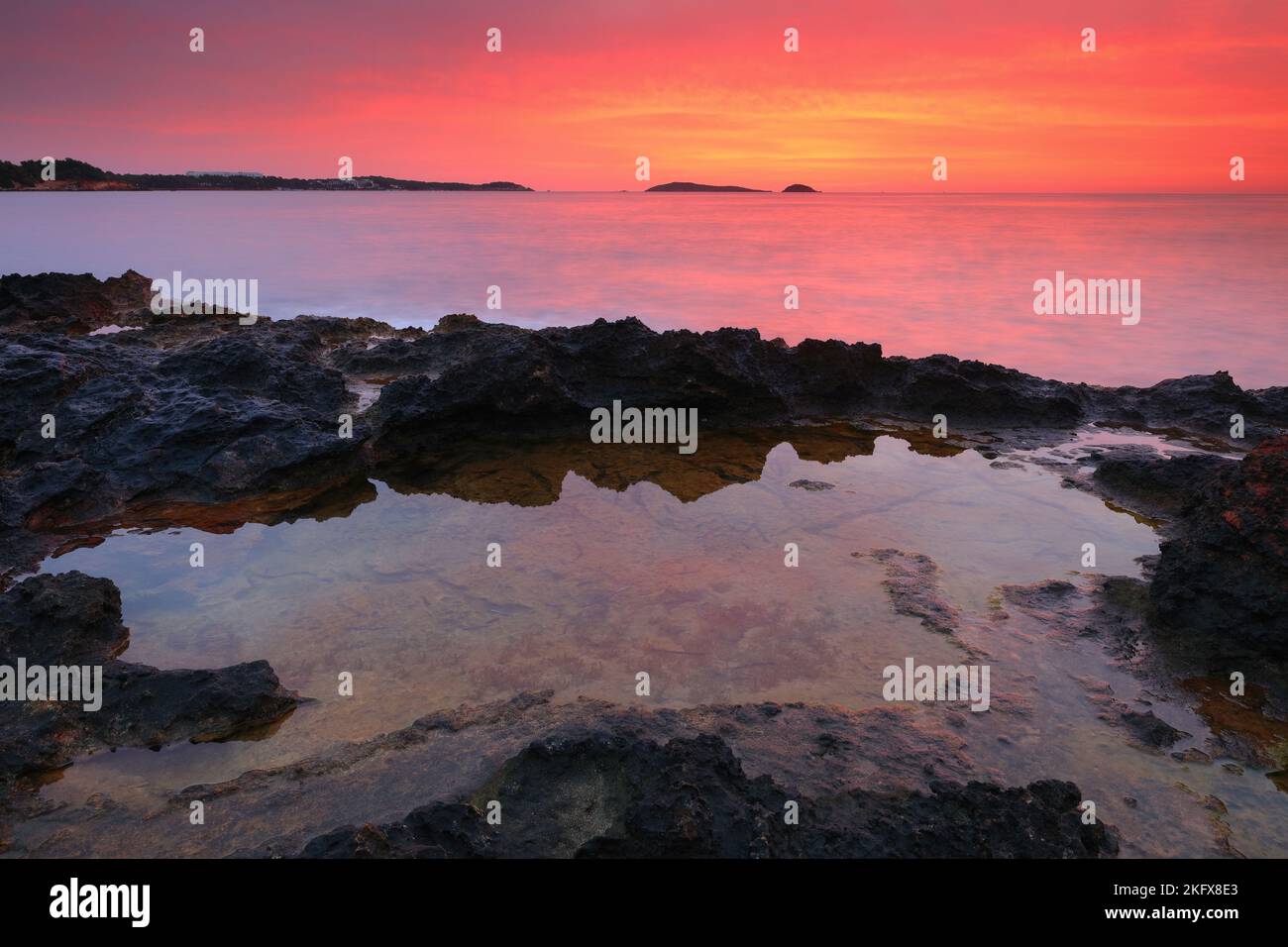 Sunrise at Bombay Beach, Santa Eulalia, Ibiza, Balearic Islands, Spain, Europe. Stock Photo