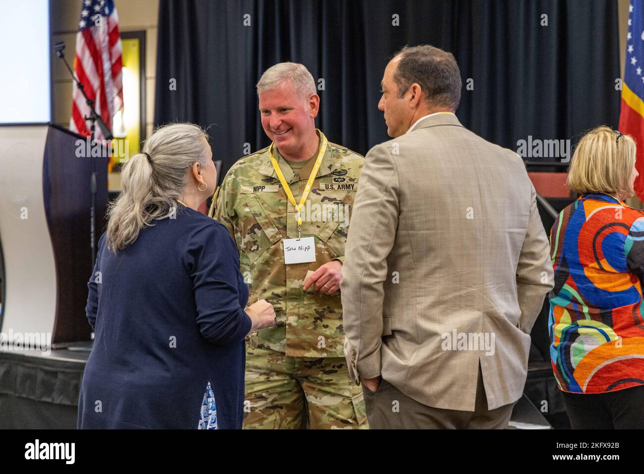 U.S. Army Brig. Gen. John Nipp, commander, 184th Sustainment Command, Mississippi Army National Guard, speaks during a panel discussion at the Mississippi Cyber Initiative Conference in Biloxi, Mississippi, Oct. 13, 2022. Stock Photo