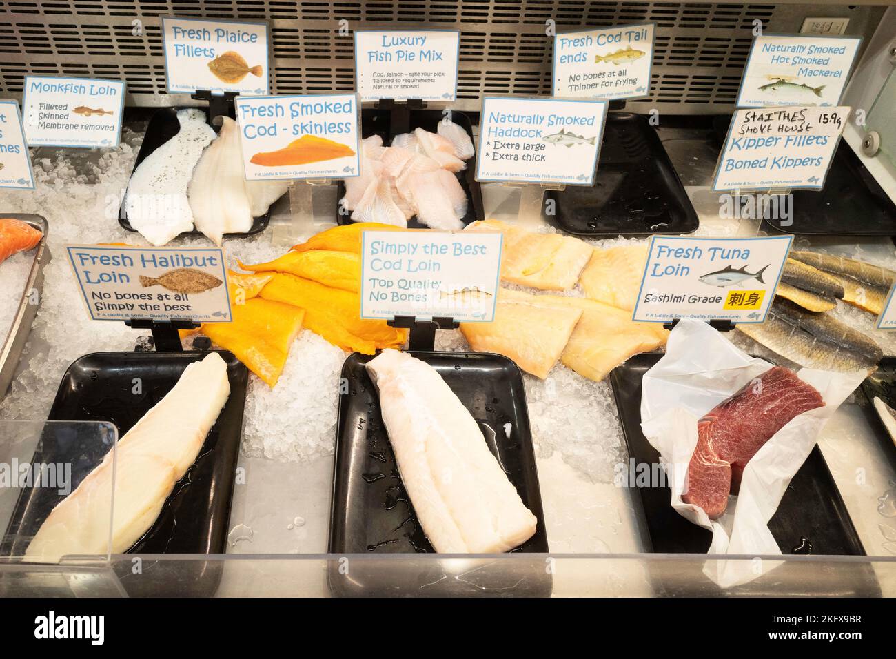 A display of fresh fish on ice on P.A.Liddle and Sons fishmongers stall