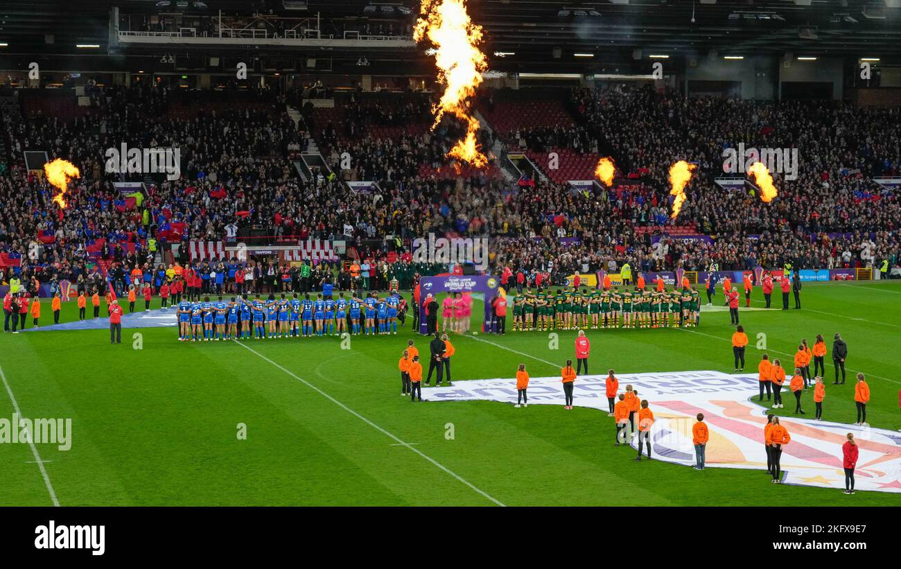 Manchester, UK. 18th Nov, 2022. General view as team line up ahead of the 2021 Rugby League World Cup Final 2021 match between Australia and Samoa at Old Trafford, Manchester, England on 19 November 2022. Photo by David Horn. Credit: PRiME Media Images/Alamy Live News Stock Photo