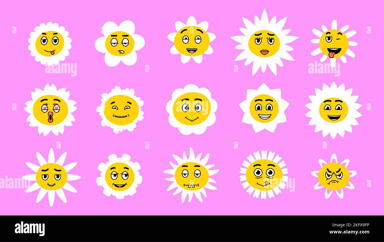 White chamomile flowers mascots, expression daisy faces. Floral cartoon stickers, childish emotional characters. Cute spring summer blooming daisies Stock Vector