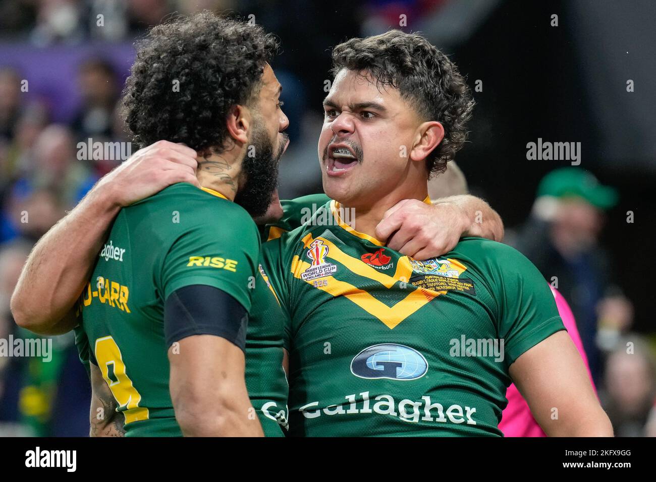 Manchester, UK. 18th Nov, 2022. Latrell Mitchell (South Sydney Rabbitohs) of Australia (8) (right) celebrates with Josh Addo-Carr (Canterbury Bankstown Bulldogs) of Australia (9) (left) after he scores a try during the 2021 Rugby League World Cup Final 2021 match between Australia and Samoa at Old Trafford, Manchester, England on 19 November 2022. Photo by David Horn. Credit: PRiME Media Images/Alamy Live News Stock Photo