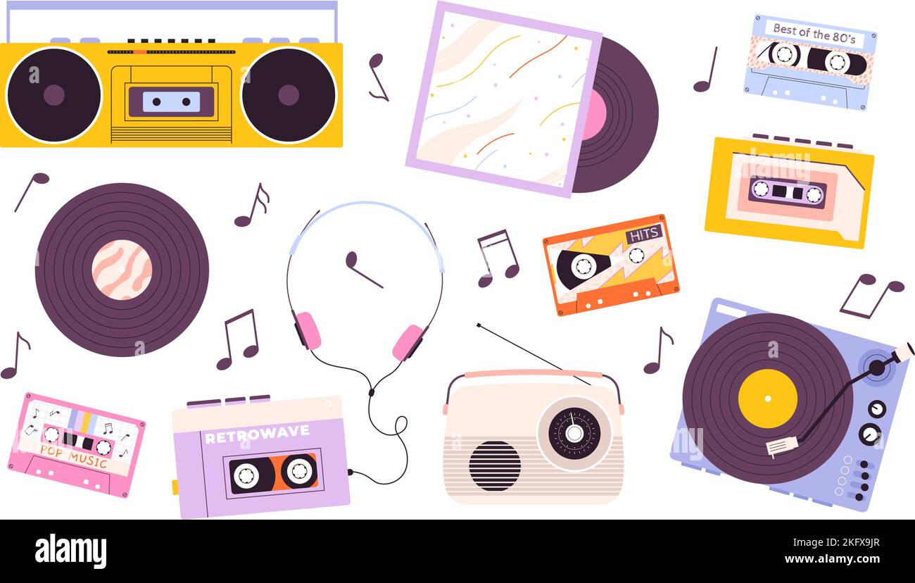 Music retro device, vinyl and headphones. 1980s style players