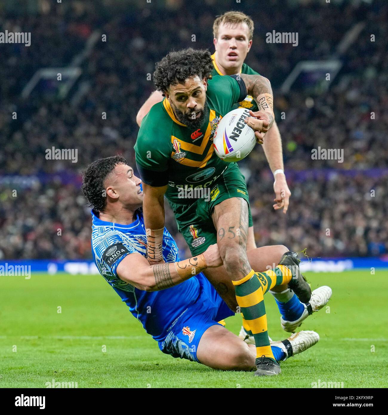 Manchester, UK. 18th Nov, 2022. Josh Addo-Carr (Canterbury Bankstown Bulldogs) of Australia (9) during the 2021 Rugby League World Cup Final 2021 match between Australia and Samoa at Old Trafford, Manchester, England on 19 November 2022. Photo by David Horn. Credit: PRiME Media Images/Alamy Live News Stock Photo