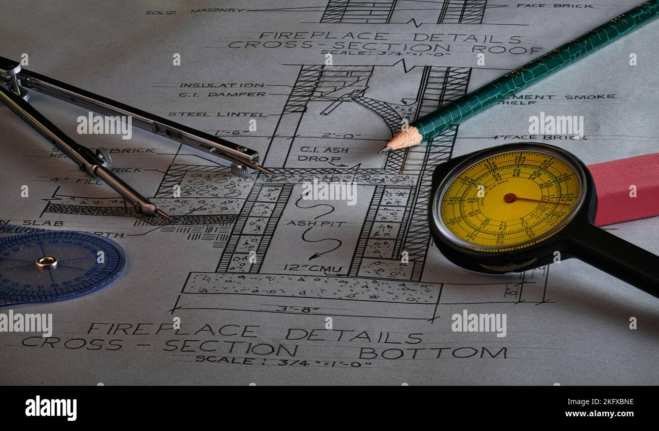 Drafting tools on hand drawn Architectural Plans Stock Photo