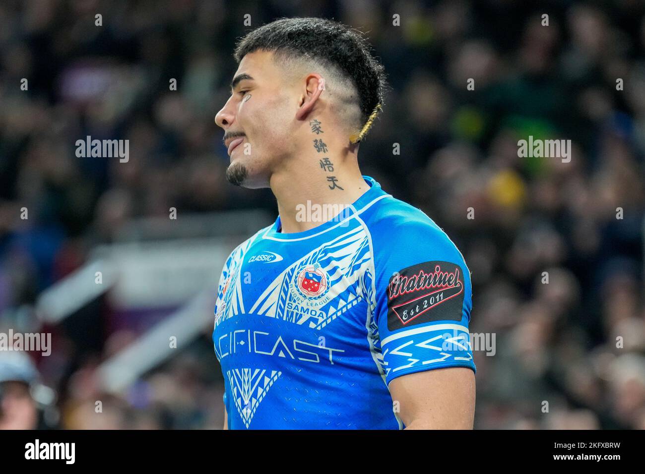 Manchester, UK. 18th Nov, 2022. Taylan May of Samoa during the 2021 Rugby League World Cup Final 2021 match between Australia and Samoa at Old Trafford, Manchester, England on 19 November 2022. Photo by David Horn. Credit: PRiME Media Images/Alamy Live News Stock Photo