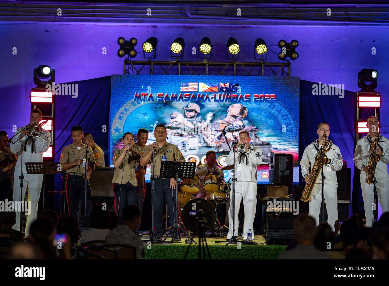 221013-N-DB724-2380  CEBU, Philippines (Oct. 13, 2022) Sailors, assigned to the U.S. 7th Fleet Band, and marines, assigned to the Philippine Marine Corps Band, perform at SM Seaside City Cebu mall during Exercise Sama Sama-Lumbas 2022 in Cebu, Philippines, Oct. 13. Sama Sama-Lumbas is a multilateral exercise and includes forces from Philippines, the United States, Australia, France, Japan, and the United Kingdom designed to promote regional security cooperation, maintain and strengthen maritime partnerships, and enhance maritime interoperability. Stock Photo