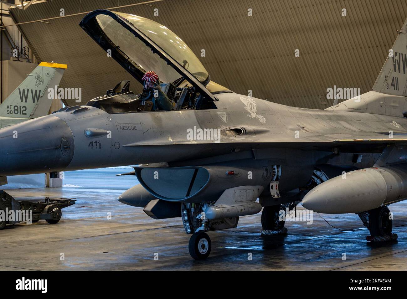 U.S. Air Force Captain Aaron Doyle, 14th Fighter Squadron wing flight safety officer, renders a squadron salute before taxiing at Eielson Air Force Base, Alaska, during RED FLAG-Alaska 23-1, Oct. 13, 2022. “Every time we get assets like this together, it's a good opportunity to see what our allies' and partners' capabilities are and make sure we are operating well together.” Stock Photo