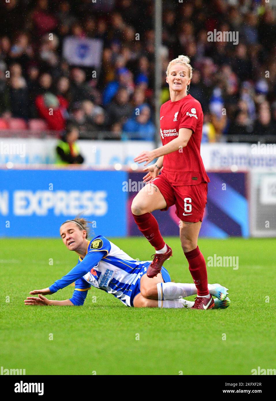 Crawley, UK. 20th Nov, 2022. Jasmine Matthews of Liverpool fouls Julia Zigiotti Olme of Brighton and Hove Albion during the FA Women's Super League match between Brighton & Hove Albion Women and Liverpool Women at The People's Pension Stadium on November 20th 2022 in Crawley, United Kingdom. (Photo by Jeff Mood/phcimages.com) Credit: PHC Images/Alamy Live News Stock Photo
