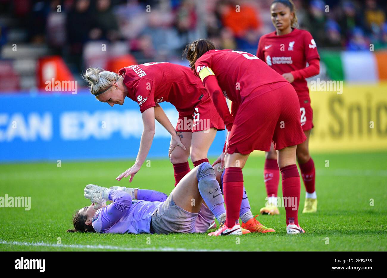 Crawley, UK. 20th Nov, 2022. Eartha Cumings Goalkeeper of Liverpool lays on the ground after clashing with Elisabeth Terland of Brighton and Hove Albion during the FA Women's Super League match between Brighton & Hove Albion Women and Liverpool Women at The People's Pension Stadium on November 20th 2022 in Crawley, United Kingdom. (Photo by Jeff Mood/phcimages.com) Credit: PHC Images/Alamy Live News Stock Photo
