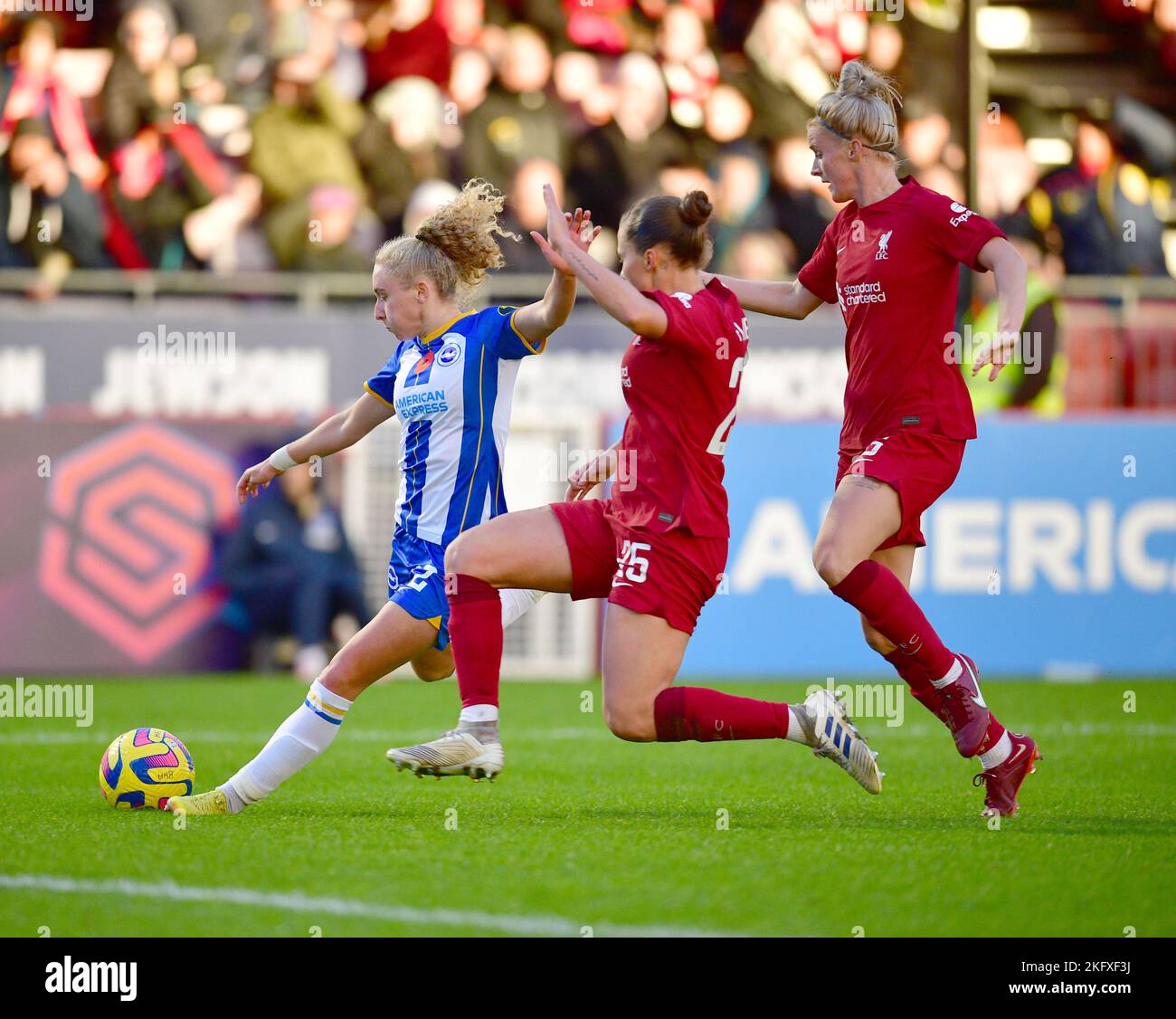 Crawley, UK. 20th Nov, 2022. Gilly Flaherty of Liverpool tries to block the cross ball from Katie Robinson of Brighton and Hove Albion during the FA Women's Super League match between Brighton & Hove Albion Women and Liverpool Women at The People's Pension Stadium on November 20th 2022 in Crawley, United Kingdom. (Photo by Jeff Mood/phcimages.com) Credit: PHC Images/Alamy Live News Stock Photo