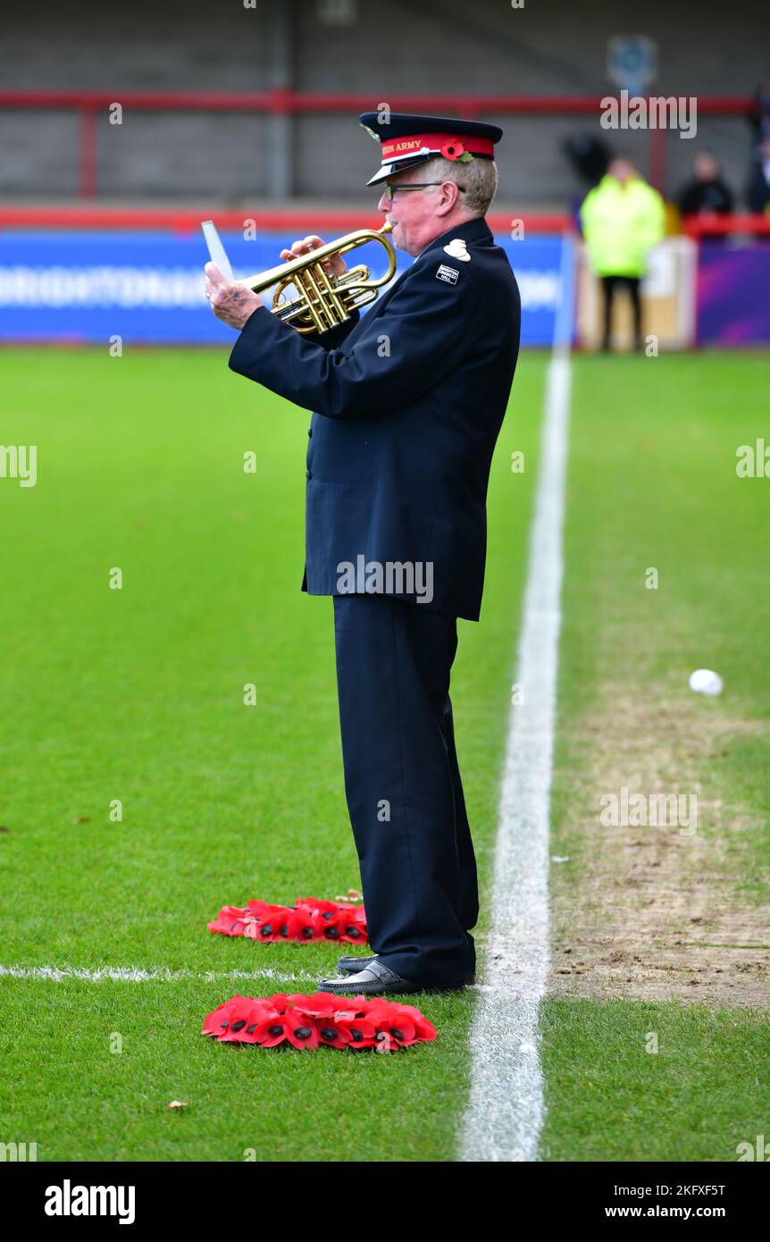 Crawley, UK. 20th Nov, 2022. A lone trumpeter plays the last post in memory of rememberance day beforethe FA Women's Super League match between Brighton & Hove Albion Women and Liverpool Women at The People's Pension Stadium on November 20th 2022 in Crawley, United Kingdom. (Photo by Jeff Mood/phcimages.com) Credit: PHC Images/Alamy Live News Stock Photo