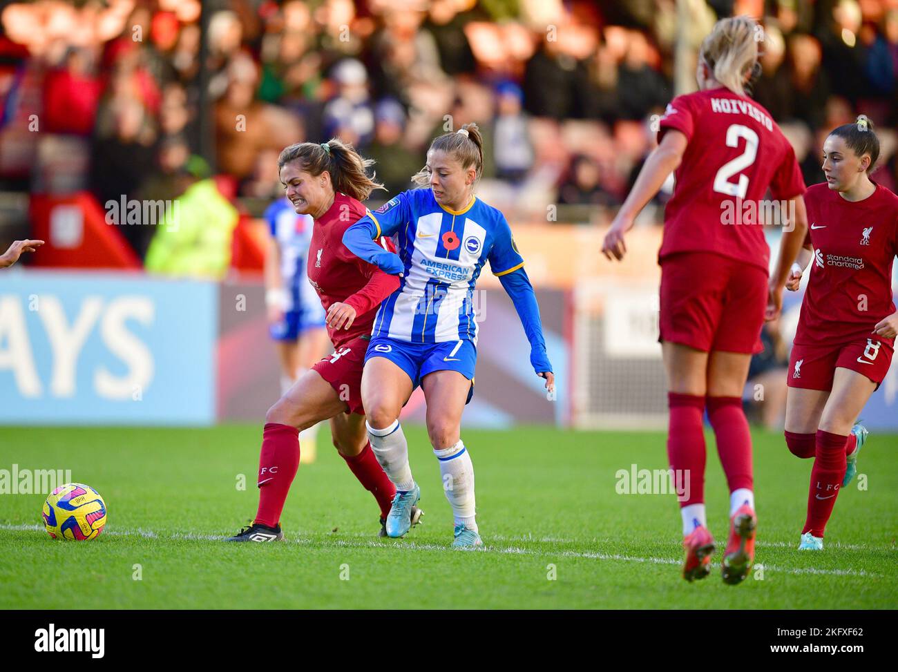 Crawley, UK. 20th Nov, 2022. Veatriki Sarri of Brighton and Hove Albion and Katie Stengel of Liverpool during the FA Women's Super League match between Brighton & Hove Albion Women and Liverpool Women at The People's Pension Stadium on November 20th 2022 in Crawley, United Kingdom. (Photo by Jeff Mood/phcimages.com) Credit: PHC Images/Alamy Live News Stock Photo