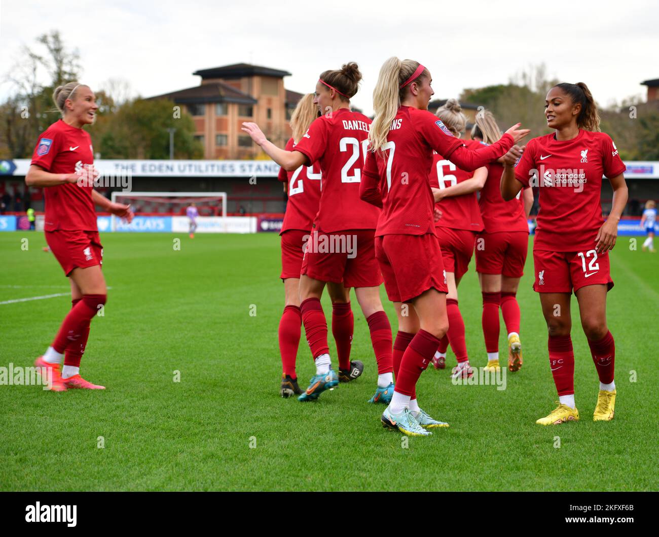 Crawley, UK. 20th Nov, 2022. Liverpool players celebrate scoring during the FA Women's Super League match between Brighton & Hove Albion Women and Liverpool Women at The People's Pension Stadium on November 20th 2022 in Crawley, United Kingdom. (Photo by Jeff Mood/phcimages.com) Credit: PHC Images/Alamy Live News Stock Photo