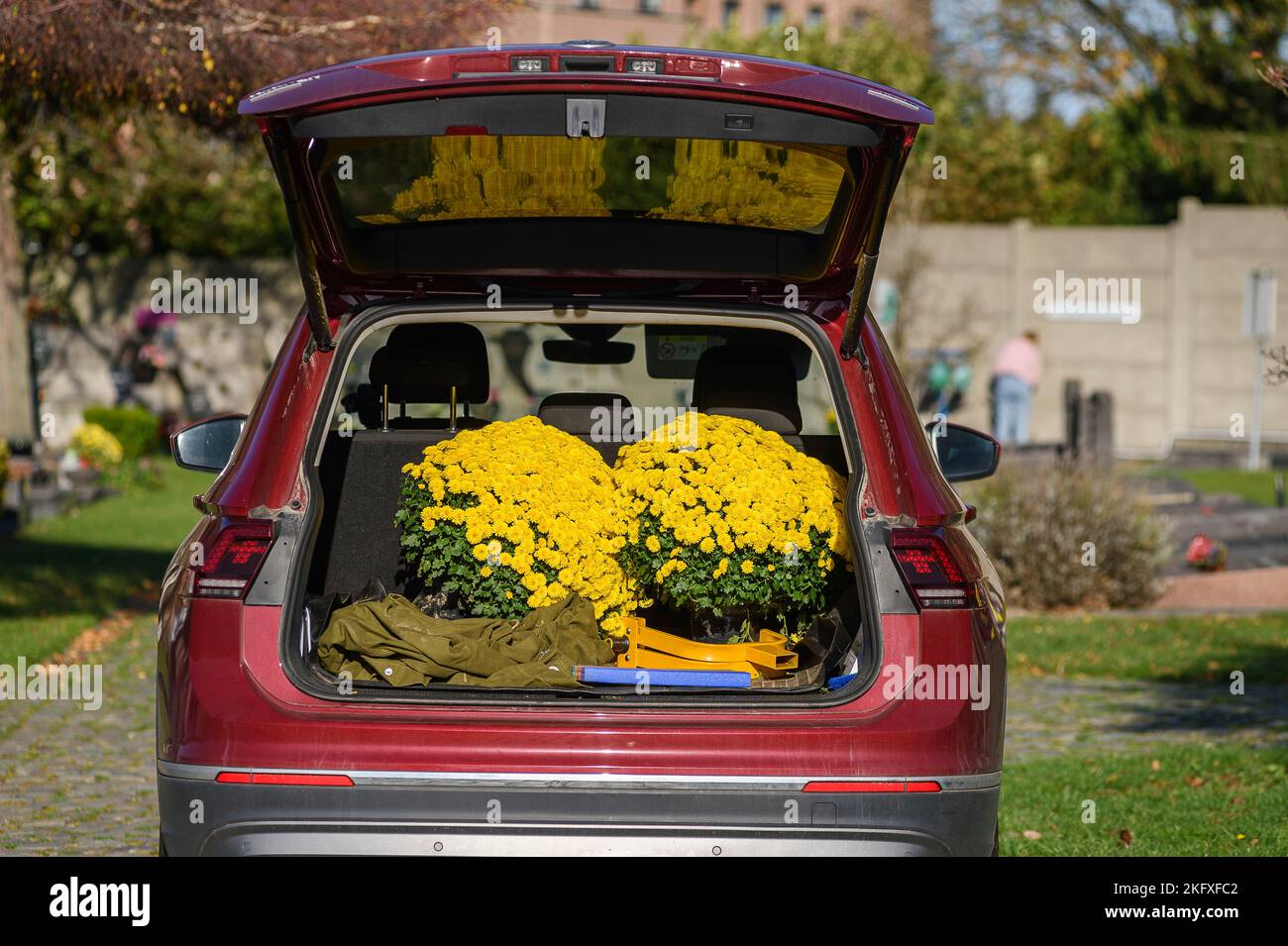 Toussaint - Cimetiere et croix Chrysantheme dans un coffre de voiture |  All Saints day - Cross and cemetary and Chrysanthemum in a car trunk Stock Photo