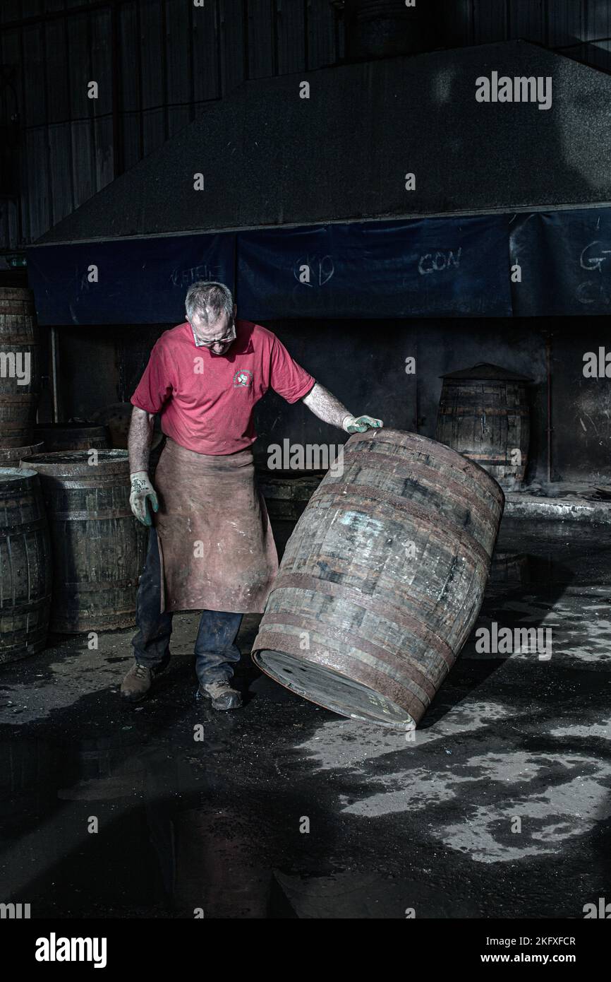 Barrel maker at Speyside Cooperage, Craigellachie,Scotland . Stock Photo
