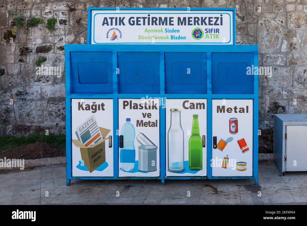 Recycling bins for separate garbage collection in Antalya, Turkey Stock