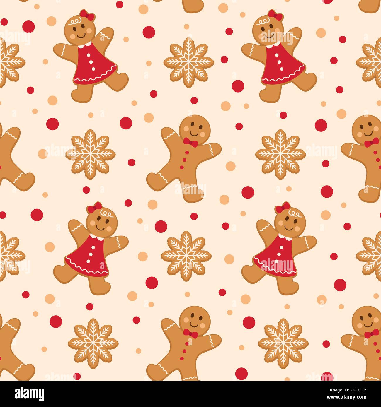Winter Christmas seamless pattern with Gingerbread man and woman with snowflake cookies. Vector illustration. Stock Vector