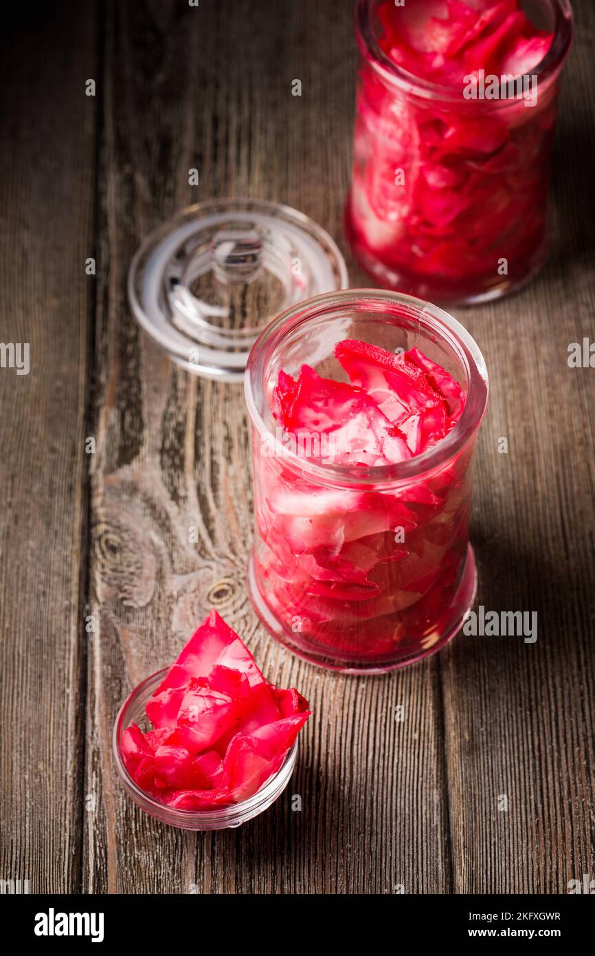 Marinated Pickled cabbage with beets in a glass jar Stock Photo Alamy